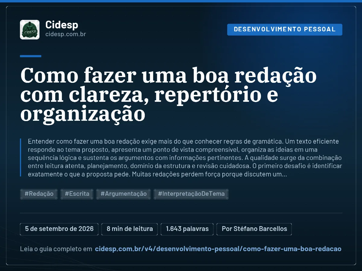 Cartão do artigo “Como fazer uma boa redação com clareza, repertório e organização”, com resumo, data de publicação e endereço da página.