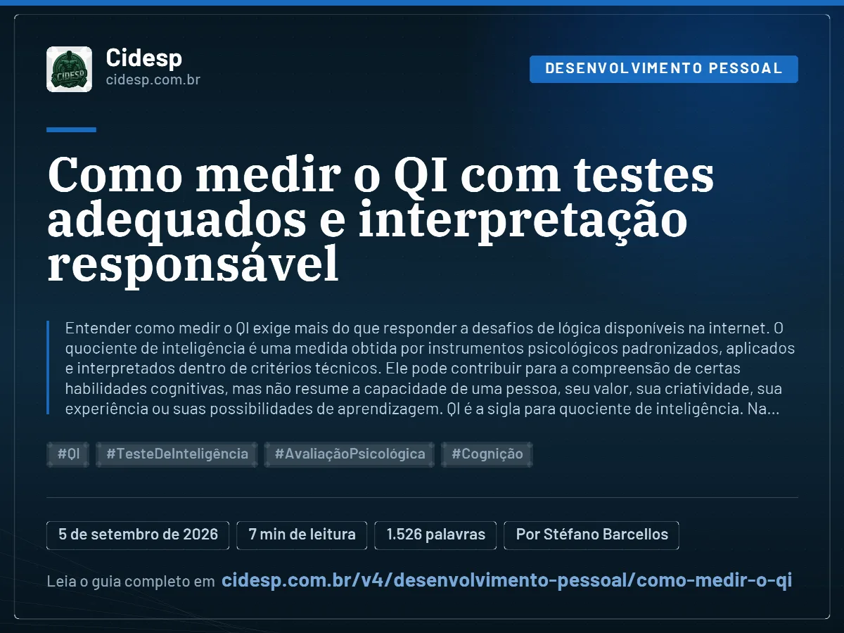 Cartão do artigo “Como medir o QI com testes adequados e interpretação responsável”, com resumo, data de publicação e endereço da página.