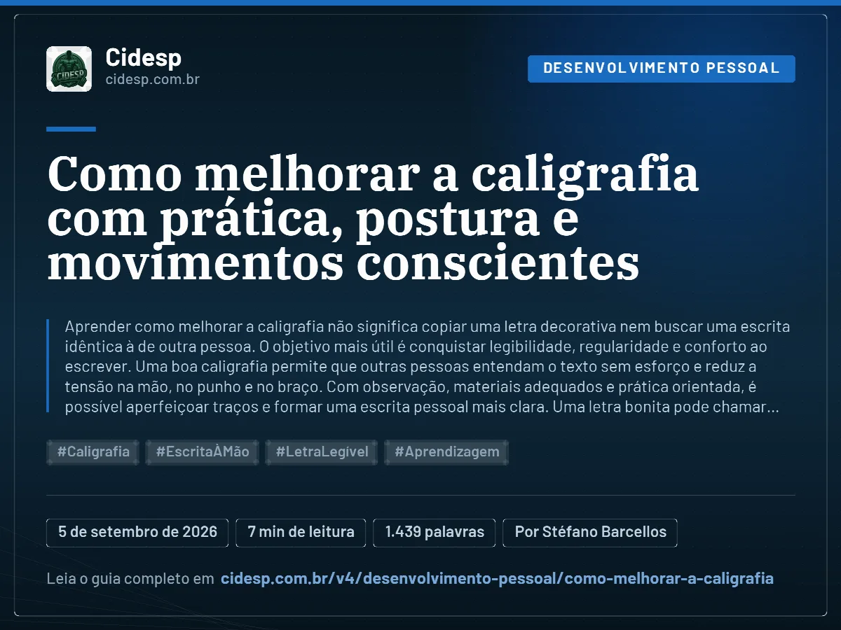 Cartão do artigo “Como melhorar a caligrafia com prática, postura e movimentos conscientes”, com resumo, data de publicação e endereço da página.