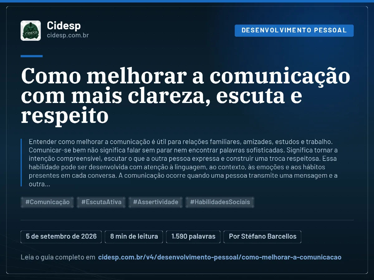 Cartão do artigo “Como melhorar a comunicação com mais clareza, escuta e respeito”, com resumo, data de publicação e endereço da página.
