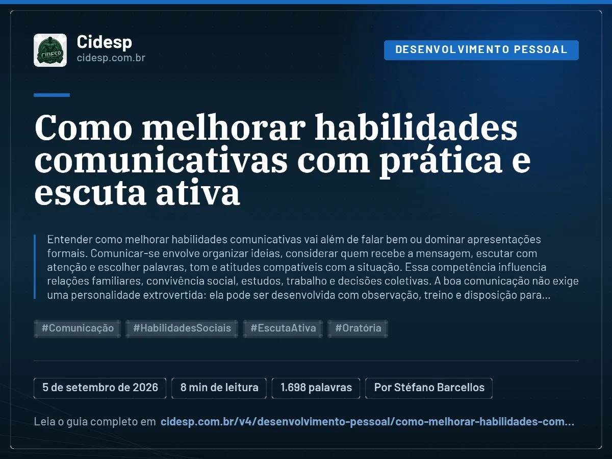 Cartão do artigo “Como melhorar habilidades comunicativas com prática e escuta ativa”, com resumo, data de publicação e endereço da página.