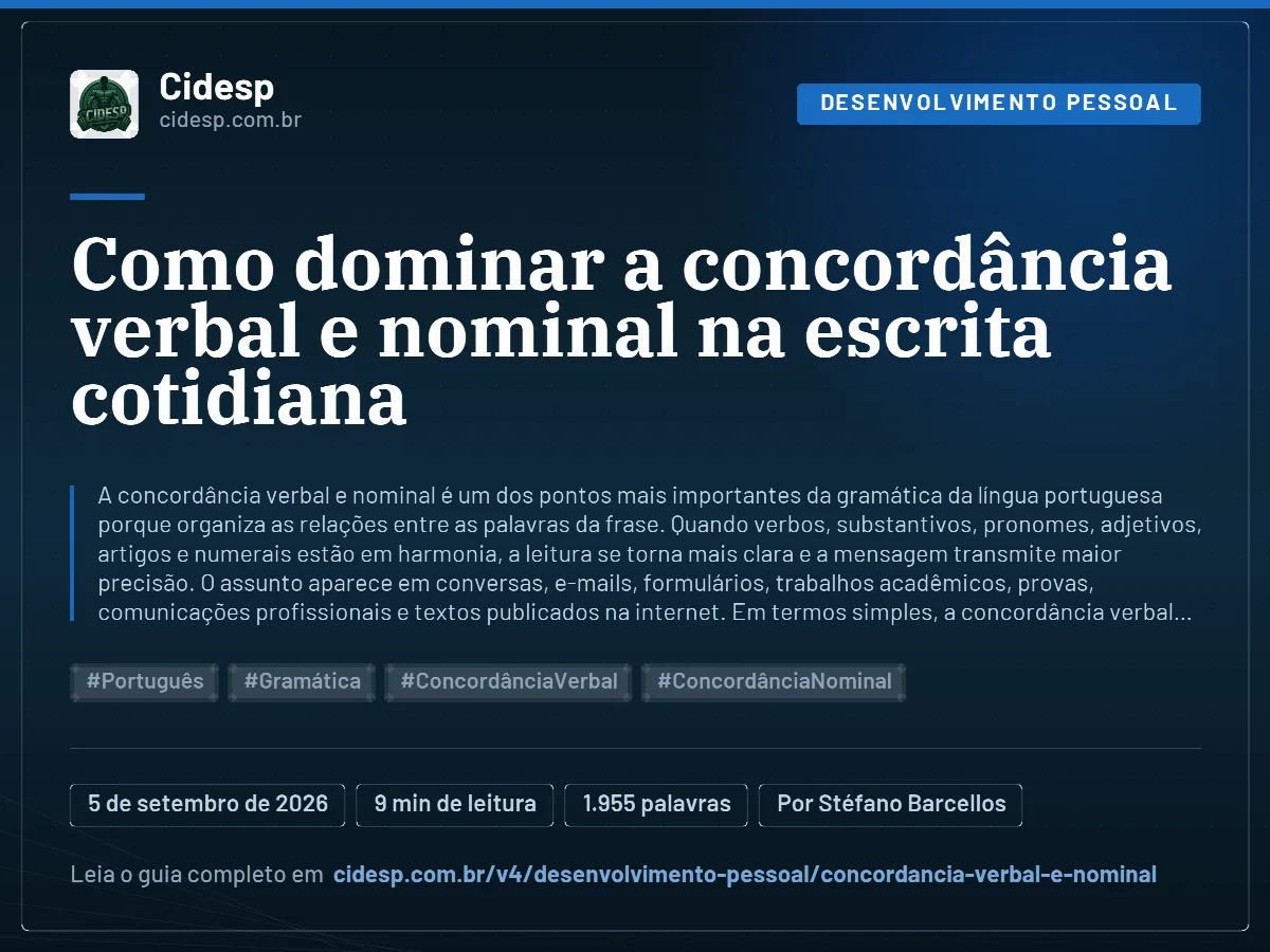Cartão do artigo “Como dominar a concordância verbal e nominal na escrita cotidiana”, com resumo, data de publicação e endereço da página.