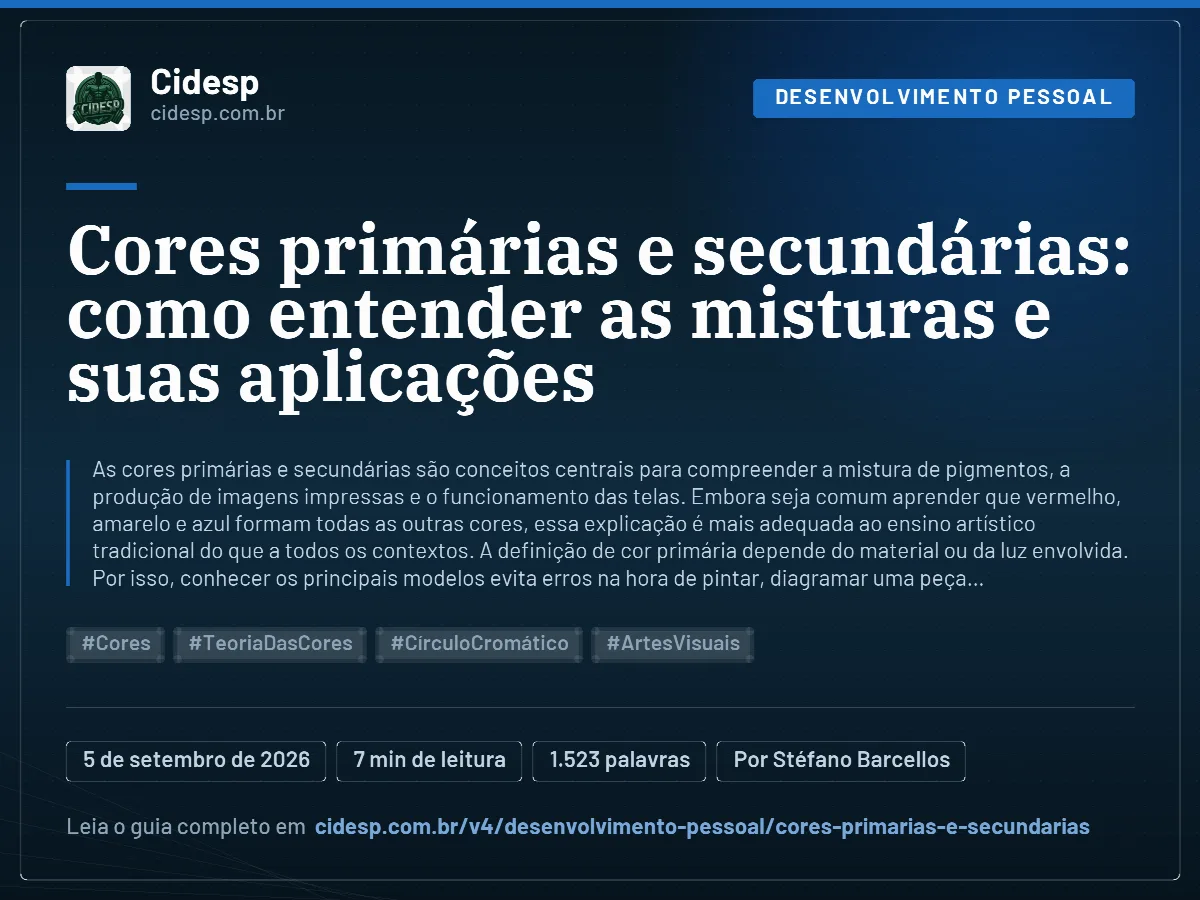 Cartão do artigo “Cores primárias e secundárias: como entender as misturas e suas aplicações”, com resumo, data de publicação e endereço da página.