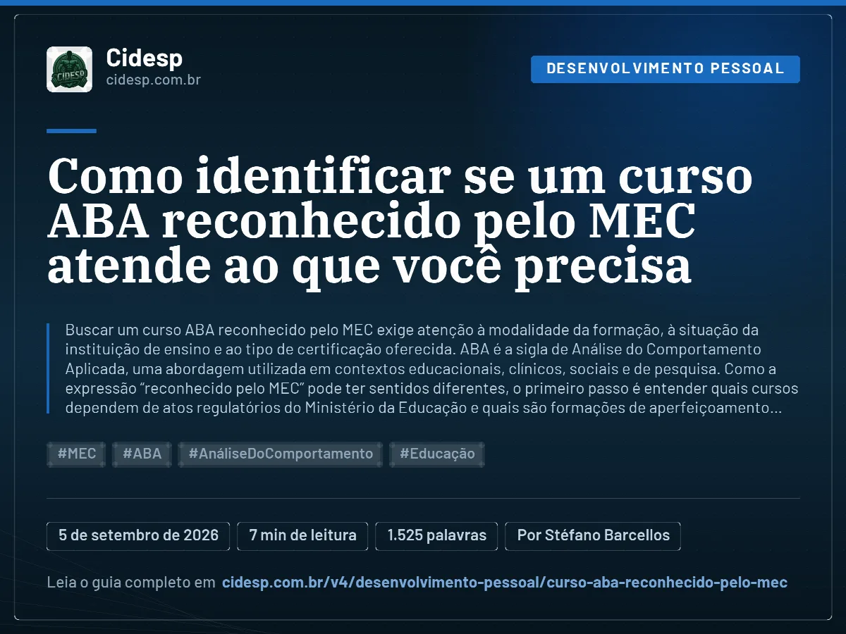 Cartão do artigo “Como identificar se um curso ABA reconhecido pelo MEC atende ao que você precisa”, com resumo, data de publicação e endereço da página.