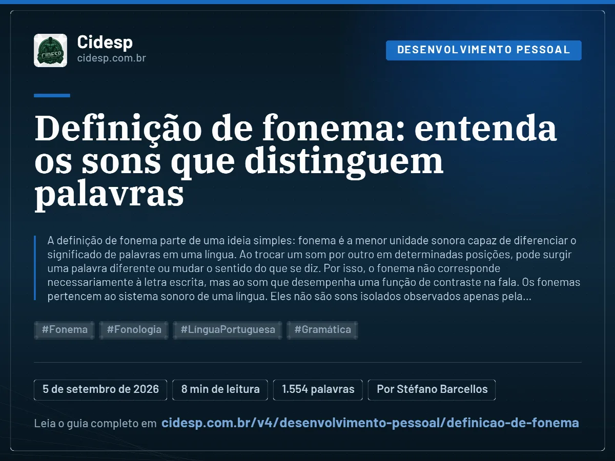 Cartão do artigo “Definição de fonema: entenda os sons que distinguem palavras”, com resumo, data de publicação e endereço da página.