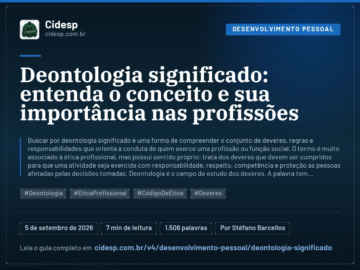 Cartão do artigo “Deontologia significado: entenda o conceito e sua importância nas profissões”, com resumo, data de publicação e endereço da página.