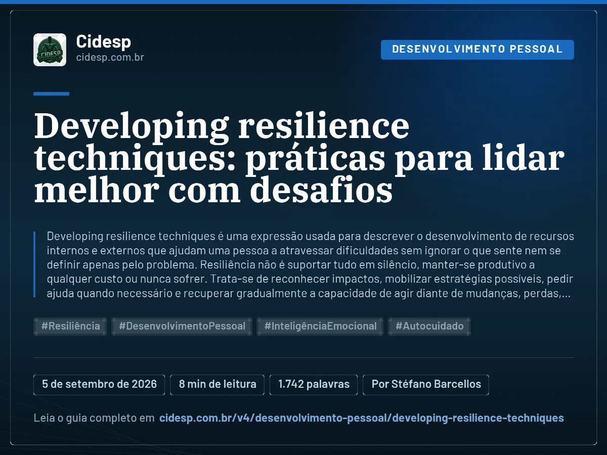 Cartão do artigo “Developing resilience techniques: práticas para lidar melhor com desafios”, com resumo, data de publicação e endereço da página.