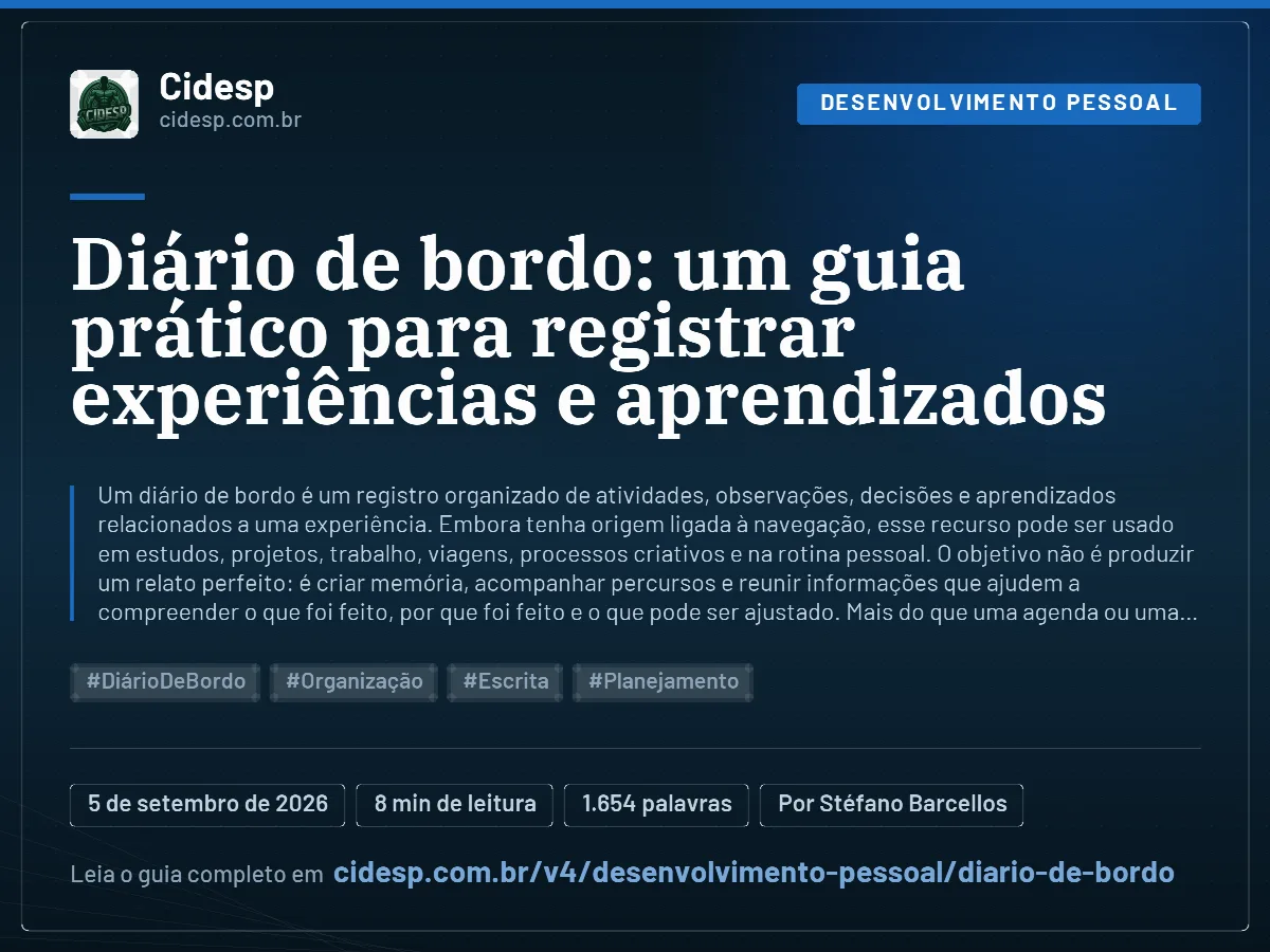 Cartão do artigo “Diário de bordo: um guia prático para registrar experiências e aprendizados”, com resumo, data de publicação e endereço da página.