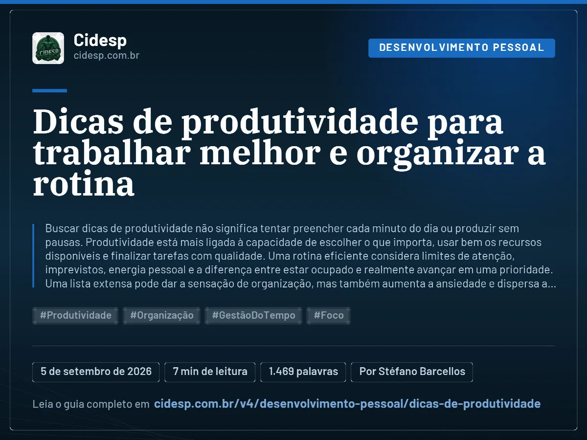 Cartão do artigo “Dicas de produtividade para trabalhar melhor e organizar a rotina”, com resumo, data de publicação e endereço da página.