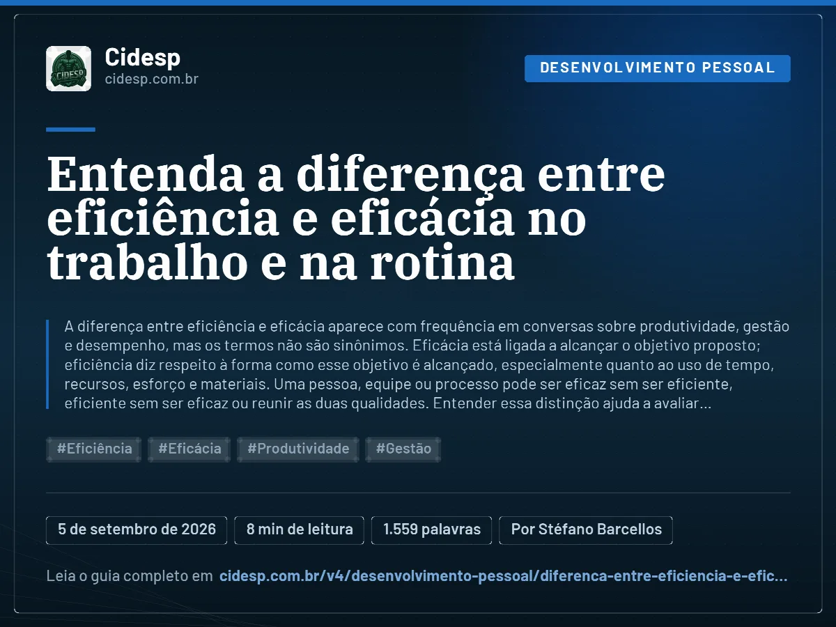 Cartão do artigo “Entenda a diferença entre eficiência e eficácia no trabalho e na rotina”, com resumo, data de publicação e endereço da página.