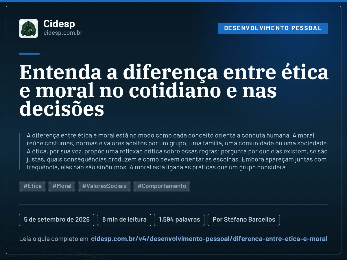 Cartão do artigo “Entenda a diferença entre ética e moral no cotidiano e nas decisões”, com resumo, data de publicação e endereço da página.
