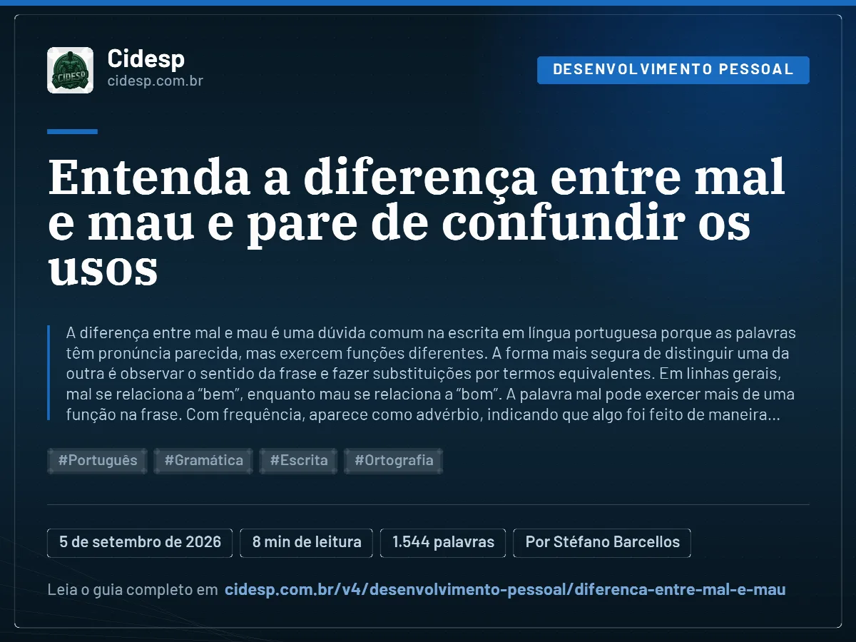 Cartão do artigo “Entenda a diferença entre mal e mau e pare de confundir os usos”, com resumo, data de publicação e endereço da página.