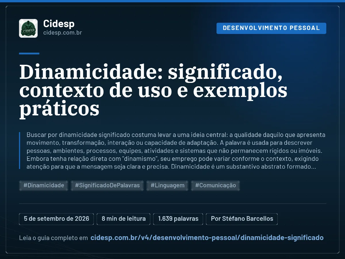 Cartão do artigo “Dinamicidade: significado, contexto de uso e exemplos práticos”, com resumo, data de publicação e endereço da página.