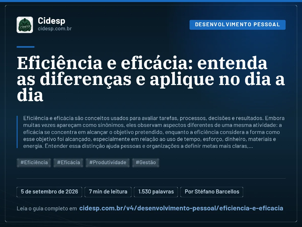 Cartão do artigo “Eficiência e eficácia: entenda as diferenças e aplique no dia a dia”, com resumo, data de publicação e endereço da página.