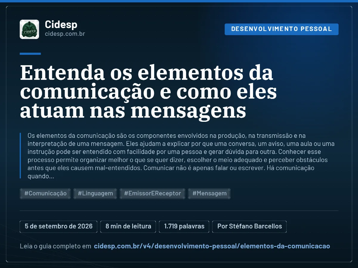Cartão do artigo “Entenda os elementos da comunicação e como eles atuam nas mensagens”, com resumo, data de publicação e endereço da página.