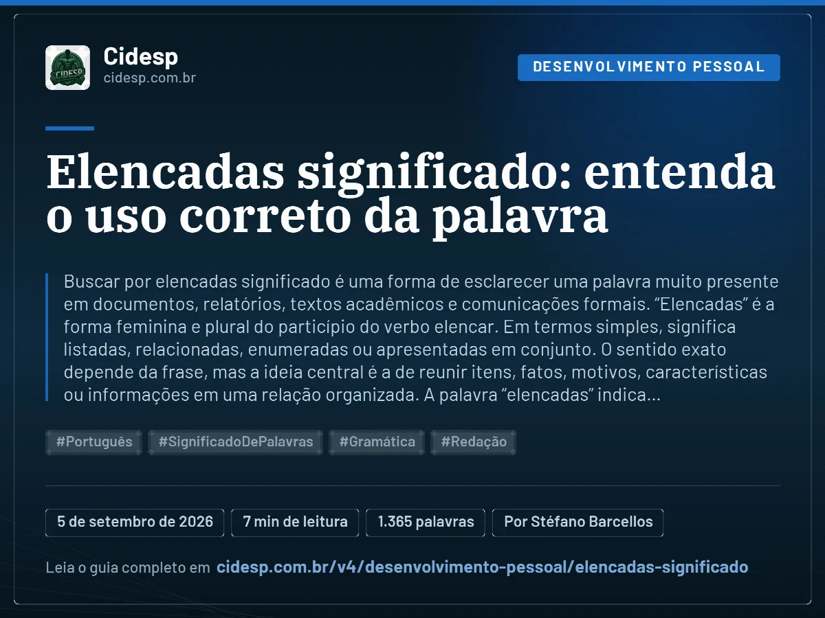 Cartão do artigo “Elencadas significado: entenda o uso correto da palavra”, com resumo, data de publicação e endereço da página.