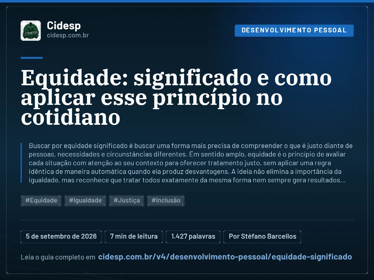 Cartão do artigo “Equidade: significado e como aplicar esse princípio no cotidiano”, com resumo, data de publicação e endereço da página.