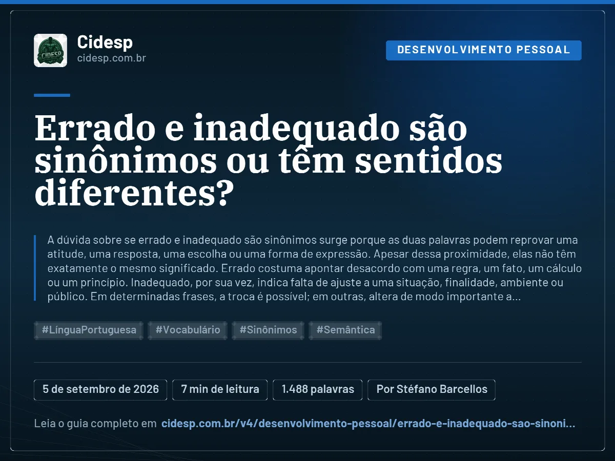 Cartão do artigo “Errado e inadequado são sinônimos ou têm sentidos diferentes?”, com resumo, data de publicação e endereço da página.