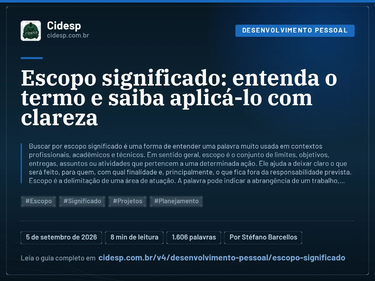 Cartão do artigo “Escopo significado: entenda o termo e saiba aplicá-lo com clareza”, com resumo, data de publicação e endereço da página.
