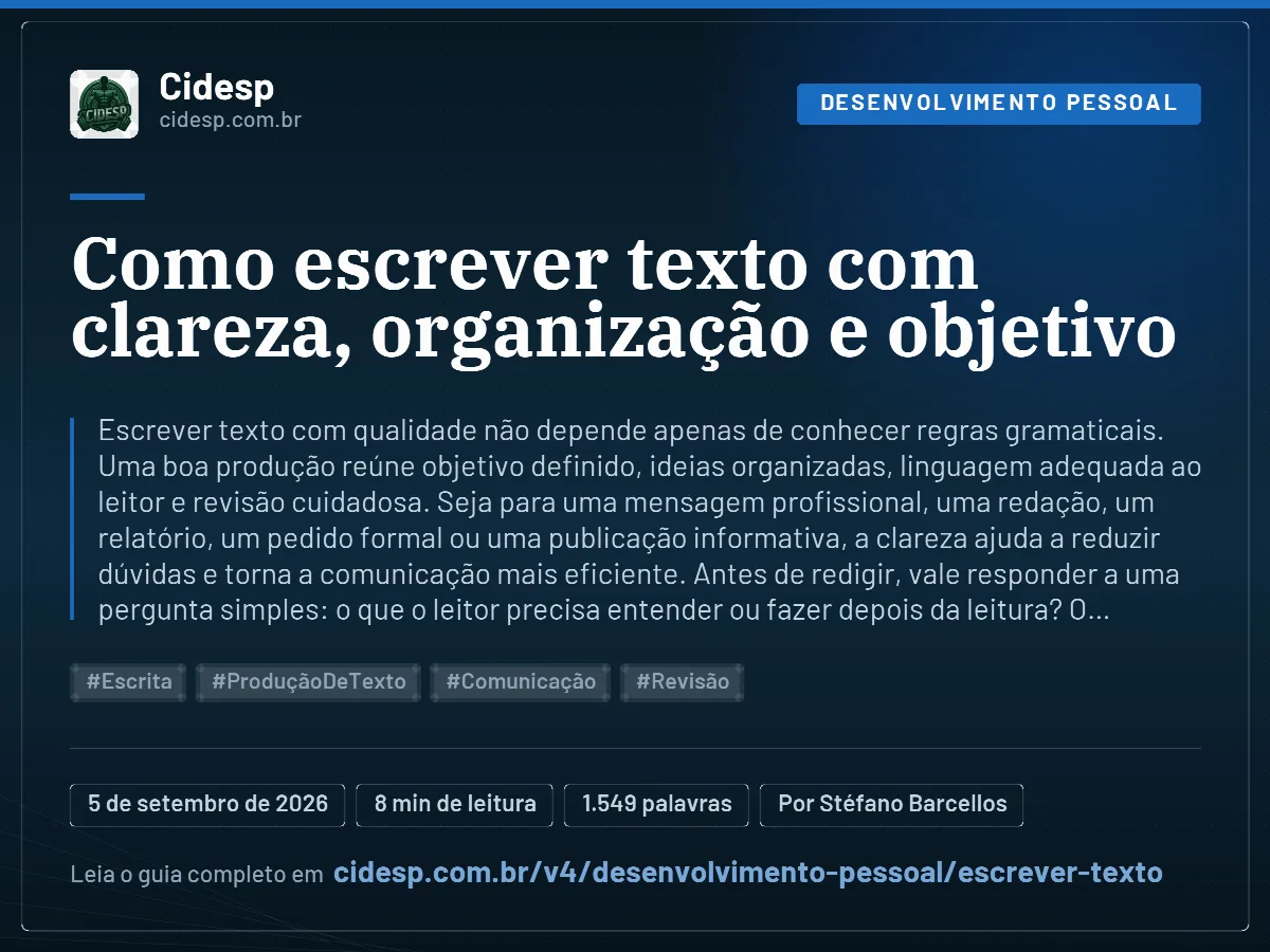 Cartão do artigo “Como escrever texto com clareza, organização e objetivo”, com resumo, data de publicação e endereço da página.