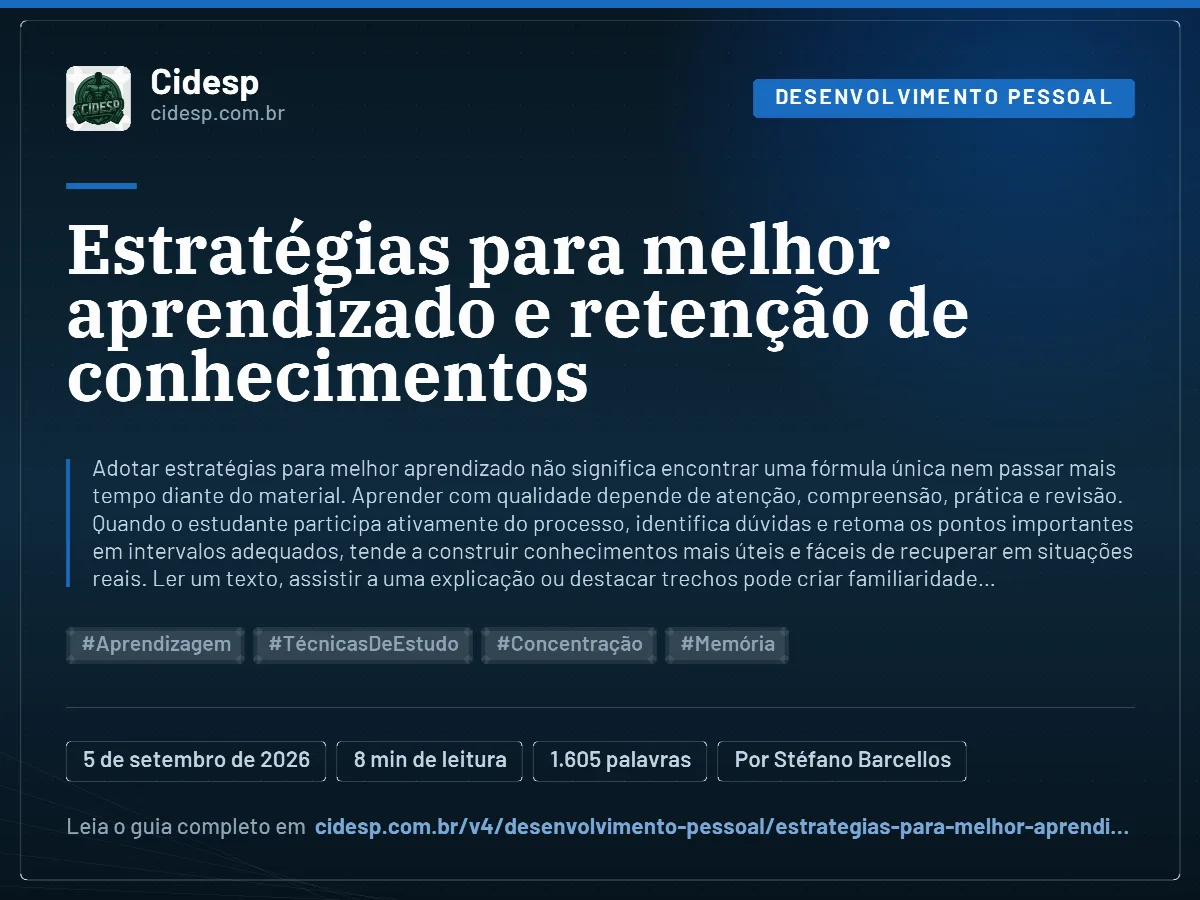Cartão do artigo “Estratégias para melhor aprendizado e retenção de conhecimentos”, com resumo, data de publicação e endereço da página.