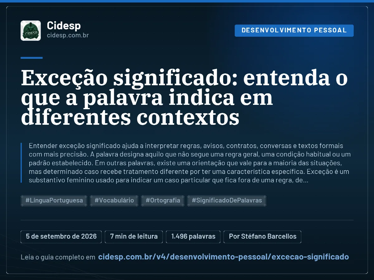 Cartão do artigo “Exceção significado: entenda o que a palavra indica em diferentes contextos”, com resumo, data de publicação e endereço da página.