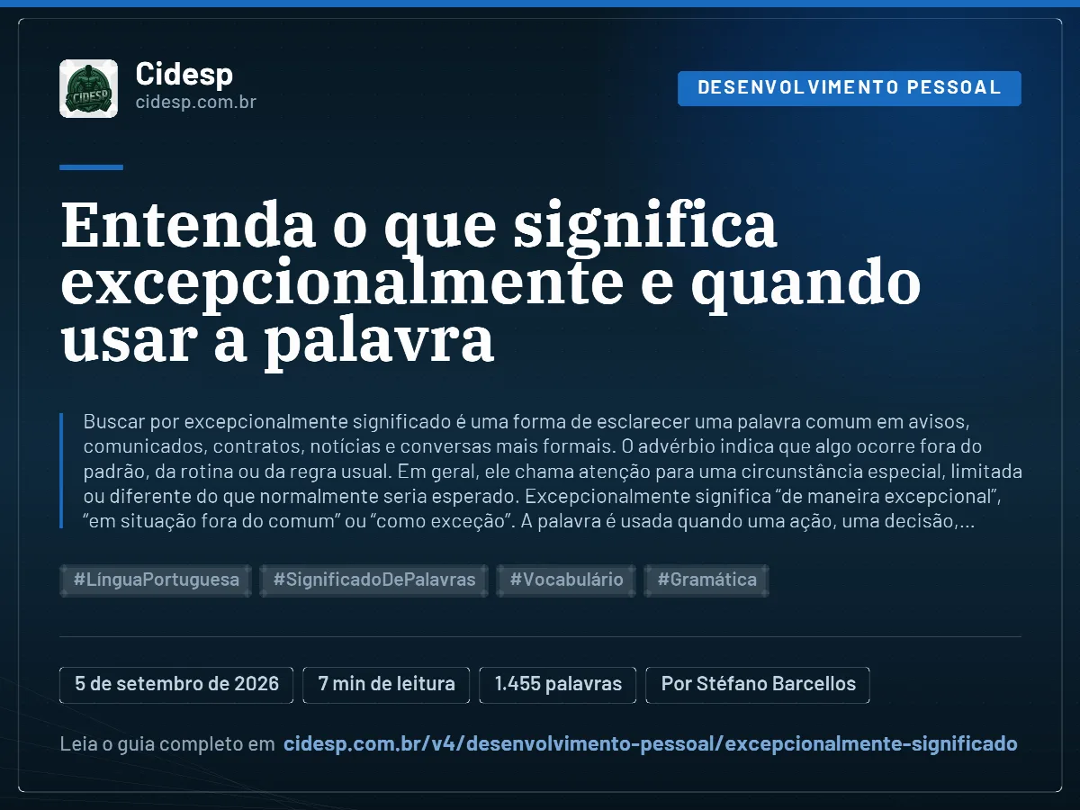 Cartão do artigo “Entenda o que significa excepcionalmente e quando usar a palavra”, com resumo, data de publicação e endereço da página.