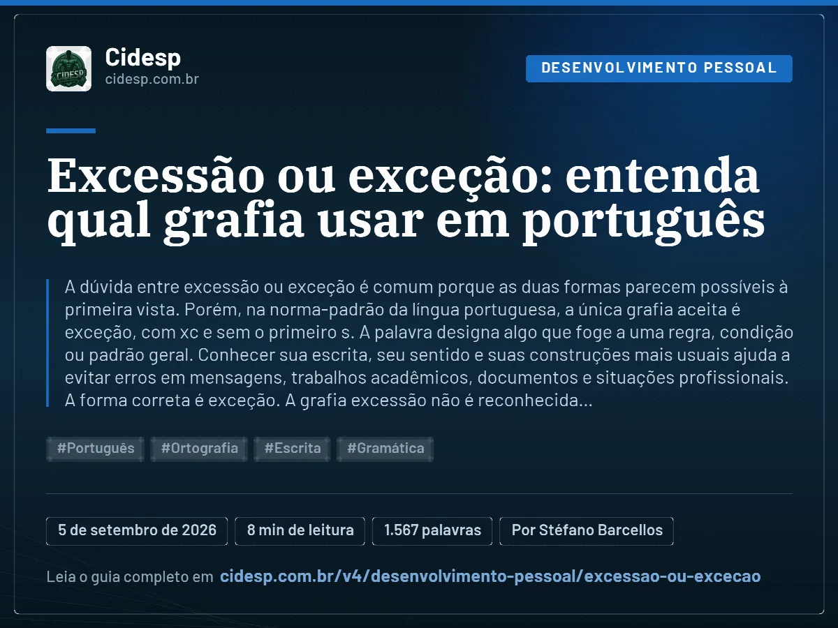 Cartão do artigo “Excessão ou exceção: entenda qual grafia usar em português”, com resumo, data de publicação e endereço da página.