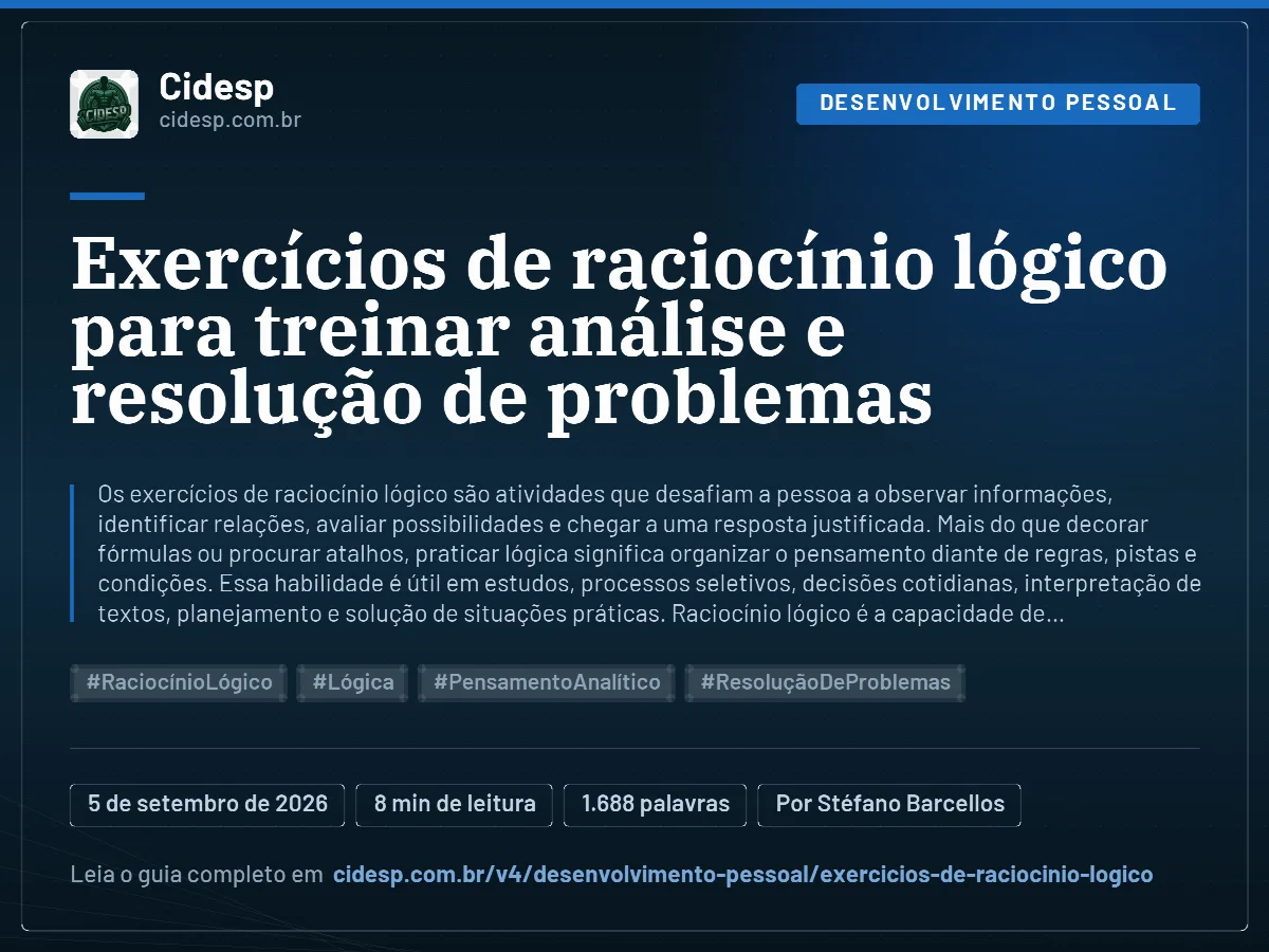 Cartão do artigo “Exercícios de raciocínio lógico para treinar análise e resolução de problemas”, com resumo, data de publicação e endereço da página.