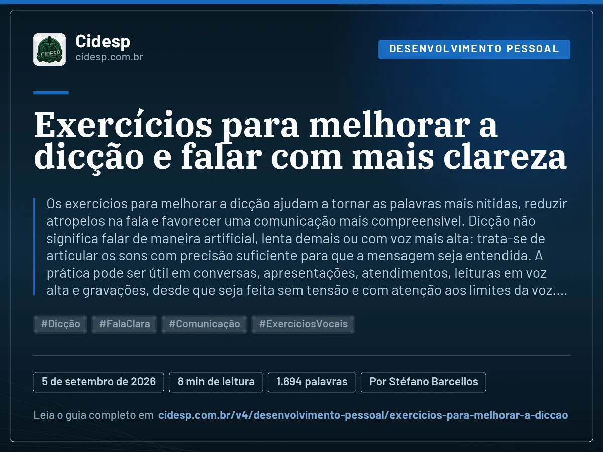Cartão do artigo “Exercícios para melhorar a dicção e falar com mais clareza”, com resumo, data de publicação e endereço da página.