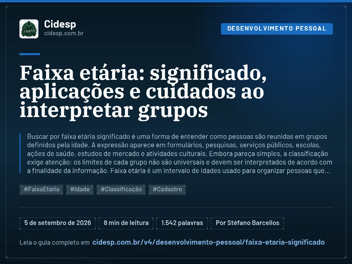 Cartão do artigo “Faixa etária: significado, aplicações e cuidados ao interpretar grupos”, com resumo, data de publicação e endereço da página.