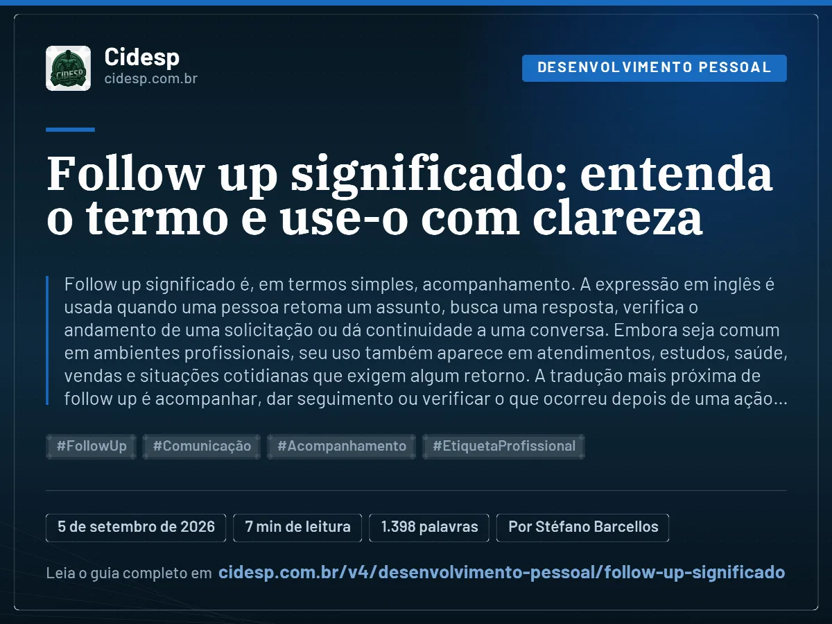 Cartão do artigo “Follow up significado: entenda o termo e use-o com clareza”, com resumo, data de publicação e endereço da página.