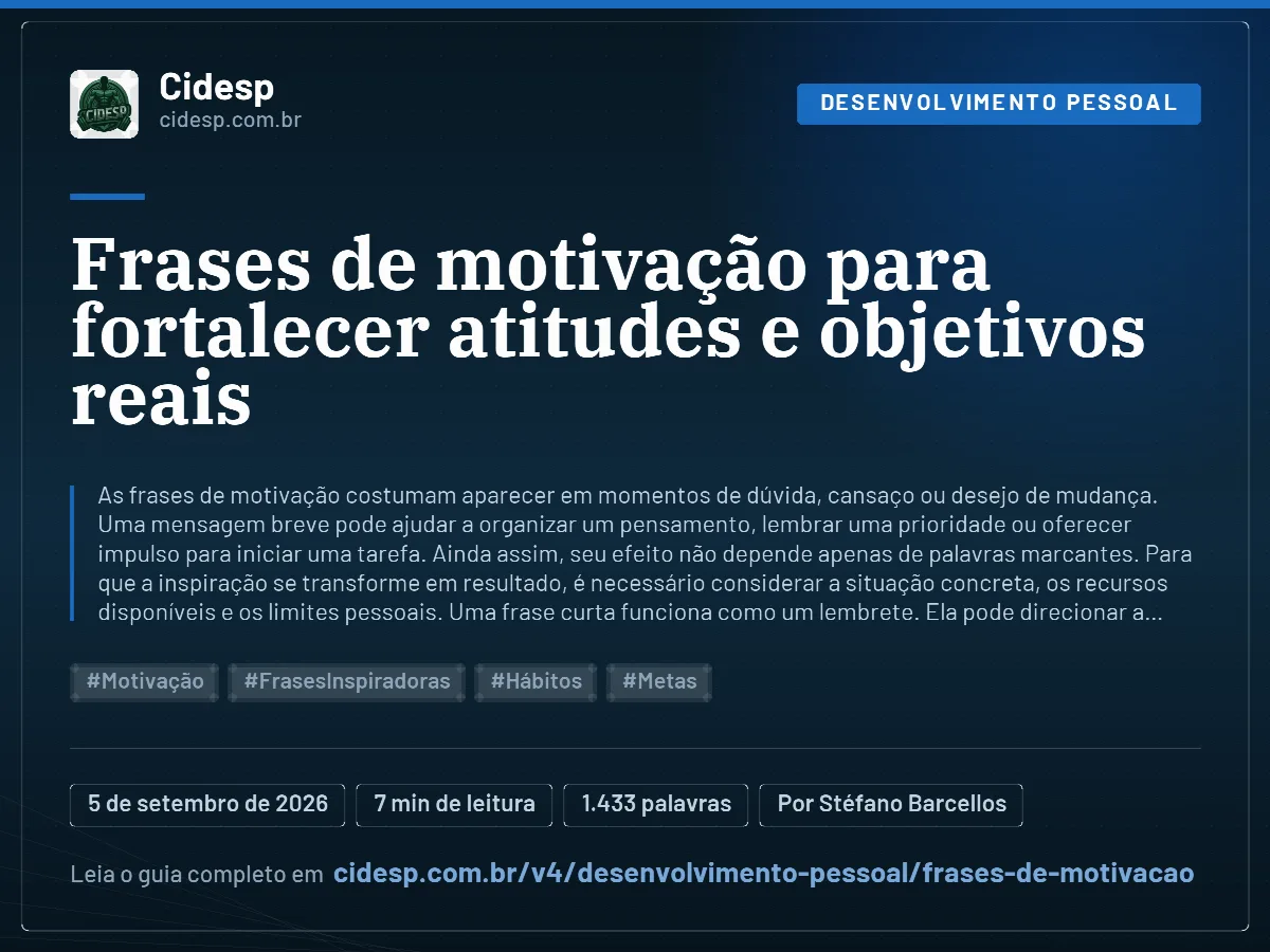 Cartão do artigo “Frases de motivação para fortalecer atitudes e objetivos reais”, com resumo, data de publicação e endereço da página.