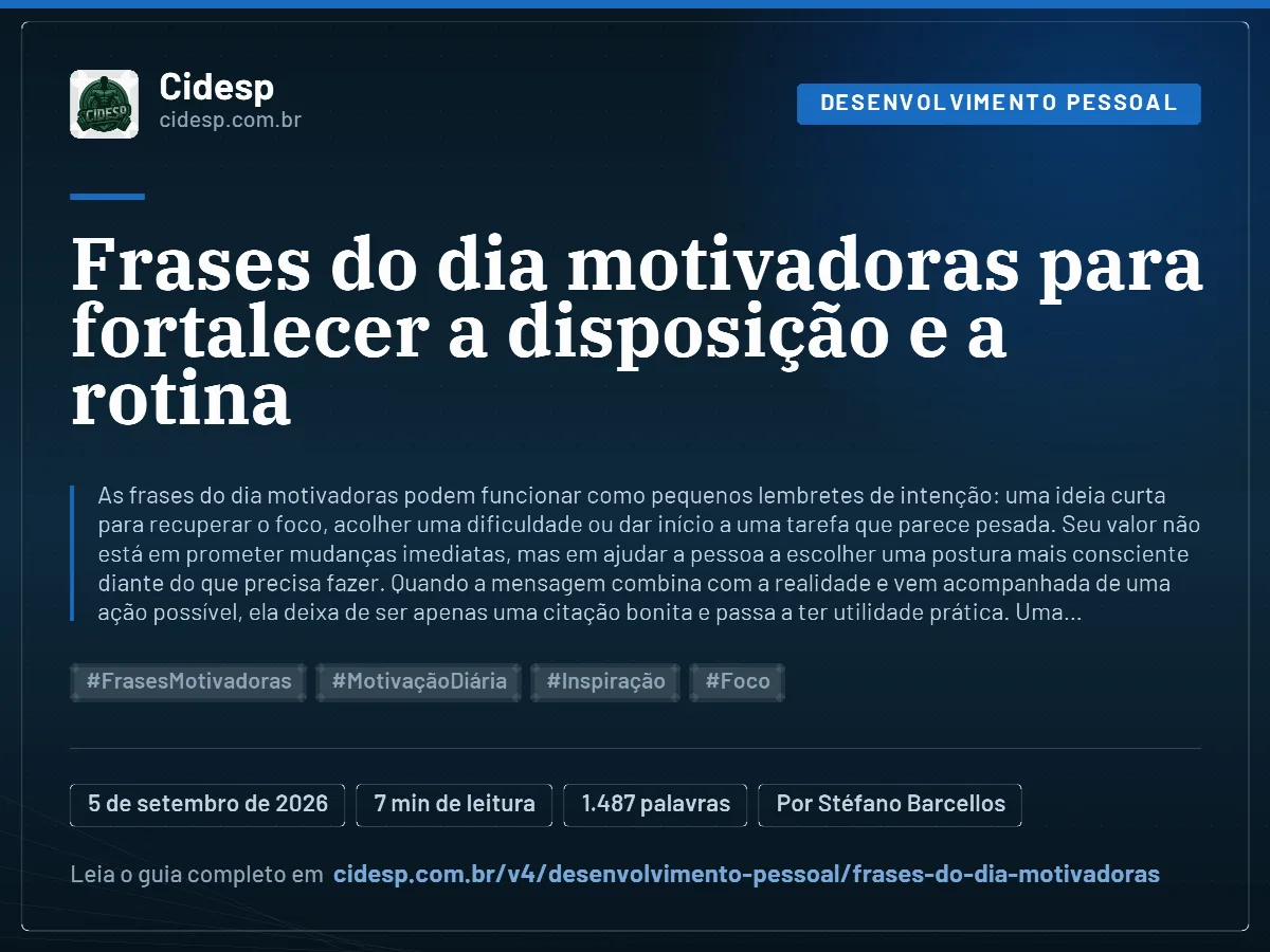 Cartão do artigo “Frases do dia motivadoras para fortalecer a disposição e a rotina”, com resumo, data de publicação e endereço da página.