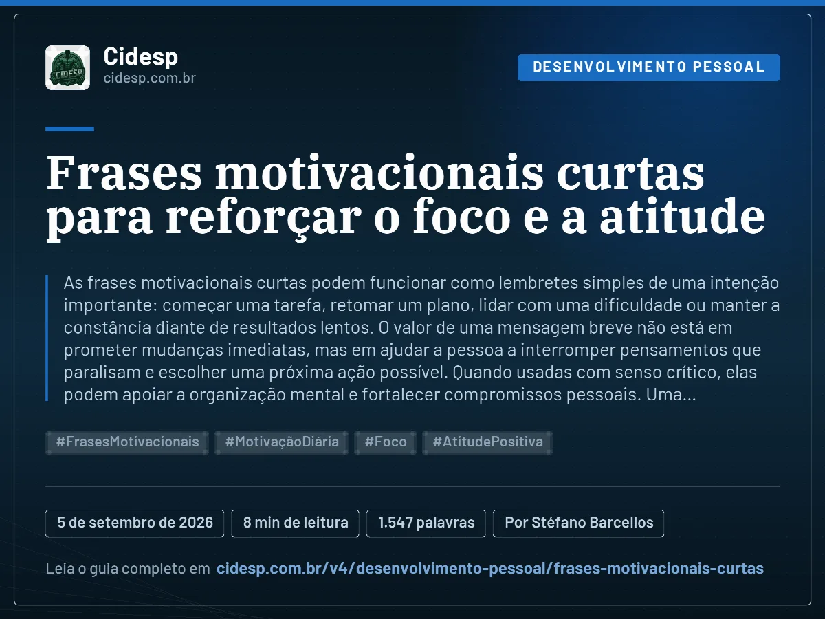 Cartão do artigo “Frases motivacionais curtas para reforçar o foco e a atitude”, com resumo, data de publicação e endereço da página.