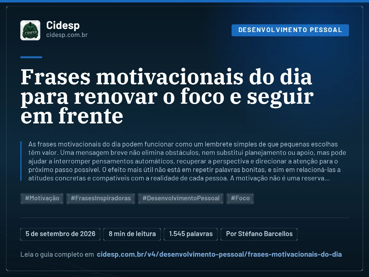 Cartão do artigo “Frases motivacionais do dia para renovar o foco e seguir em frente”, com resumo, data de publicação e endereço da página.