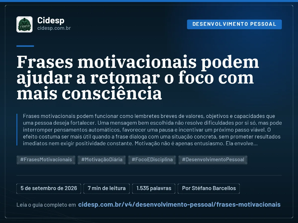 Cartão do artigo “Frases motivacionais podem ajudar a retomar o foco com mais consciência”, com resumo, data de publicação e endereço da página.