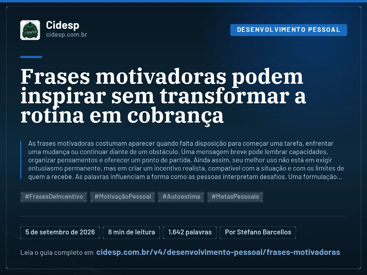 Cartão do artigo “Frases motivadoras podem inspirar sem transformar a rotina em cobrança”, com resumo, data de publicação e endereço da página.
