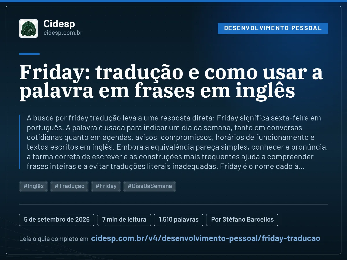 Cartão do artigo “Friday: tradução e como usar a palavra em frases em inglês”, com resumo, data de publicação e endereço da página.