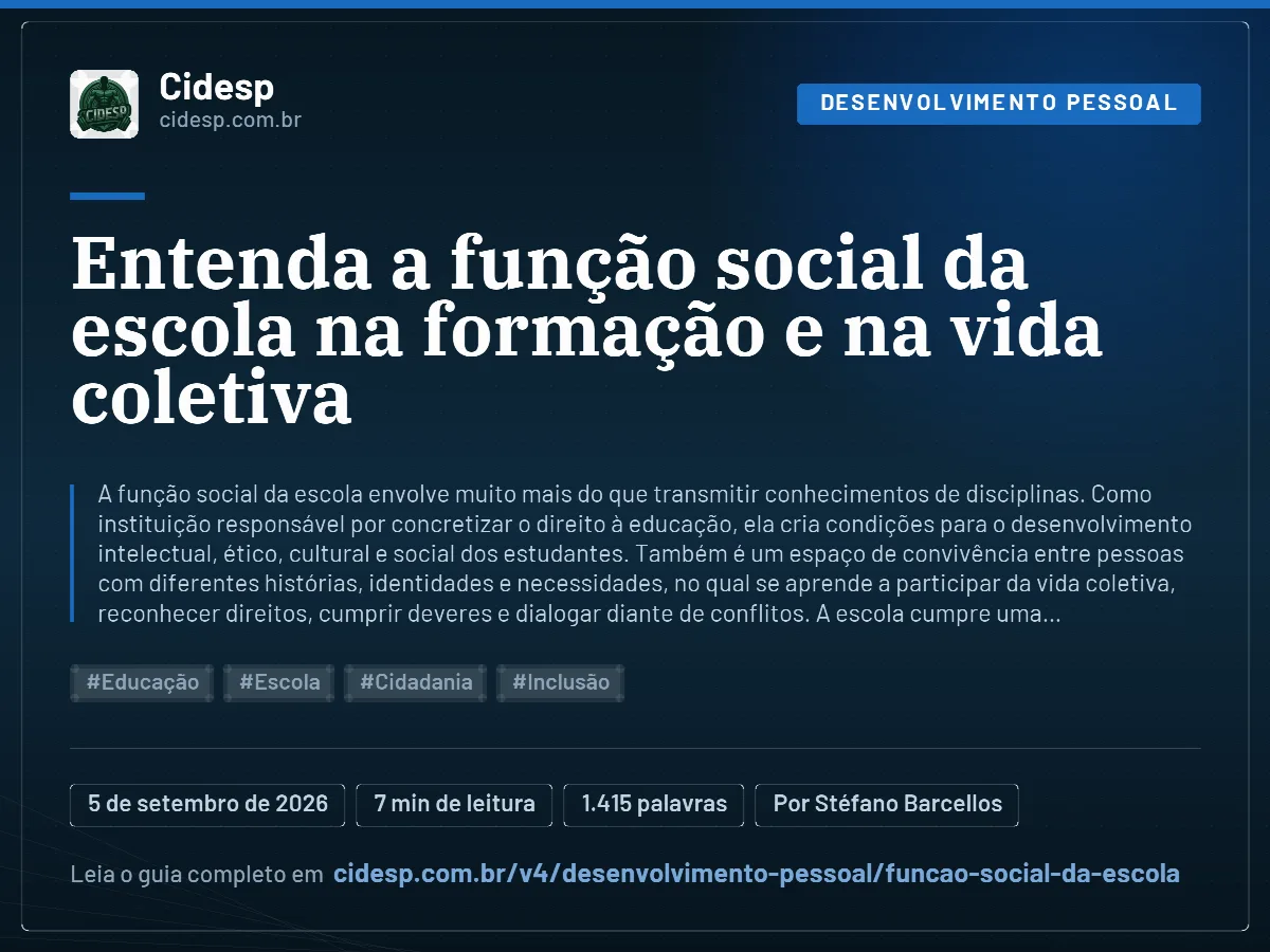 Cartão do artigo “Entenda a função social da escola na formação e na vida coletiva”, com resumo, data de publicação e endereço da página.