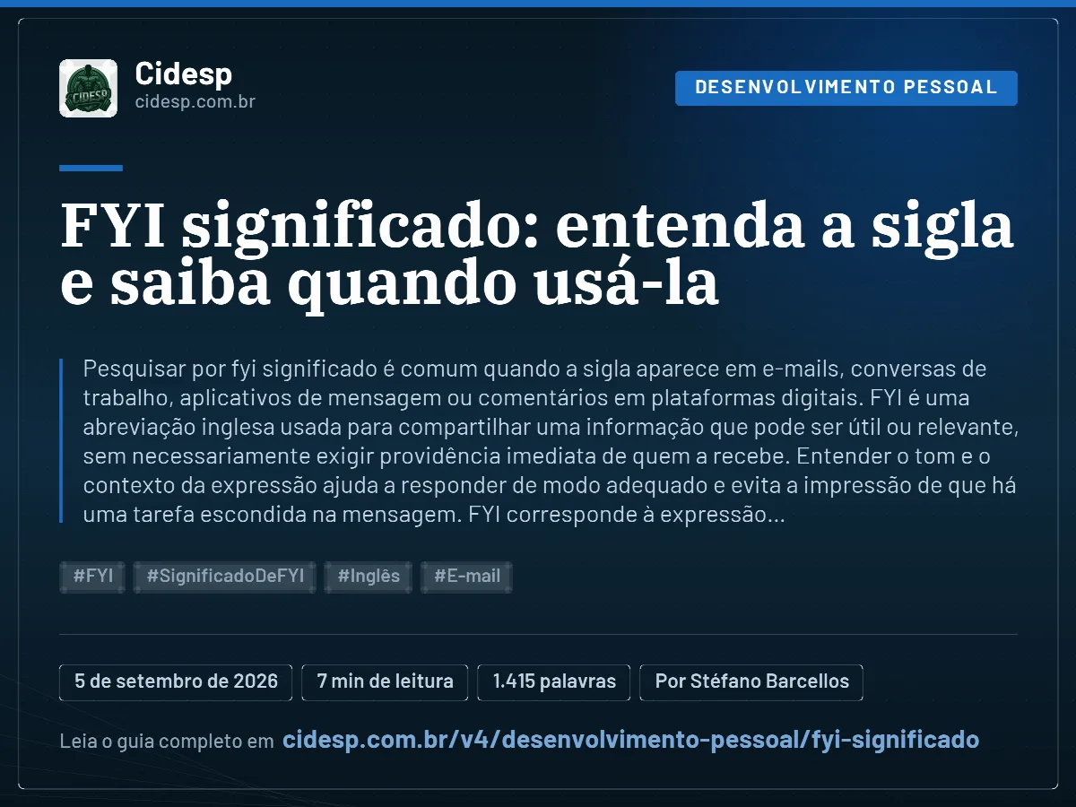 Cartão do artigo “FYI significado: entenda a sigla e saiba quando usá-la”, com resumo, data de publicação e endereço da página.