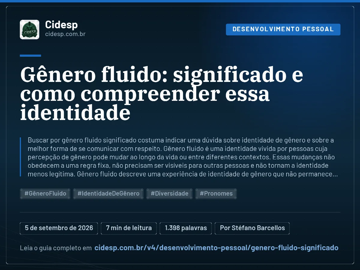 Cartão do artigo “Gênero fluido: significado e como compreender essa identidade”, com resumo, data de publicação e endereço da página.