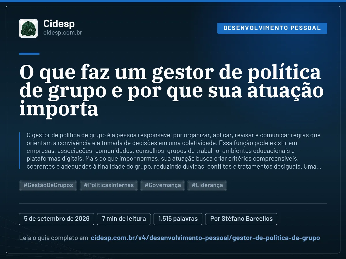 Cartão do artigo “O que faz um gestor de política de grupo e por que sua atuação importa”, com resumo, data de publicação e endereço da página.