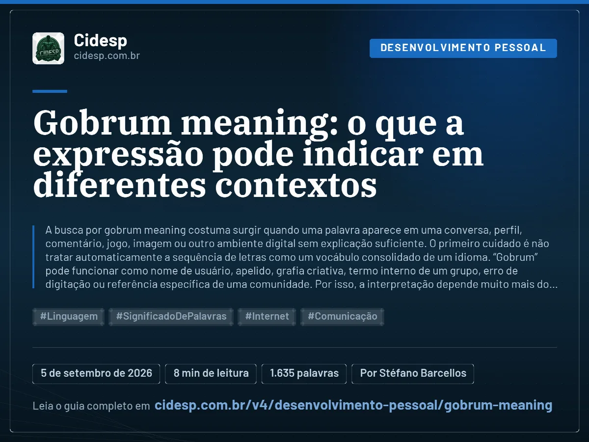 Cartão do artigo “Gobrum meaning: o que a expressão pode indicar em diferentes contextos”, com resumo, data de publicação e endereço da página.