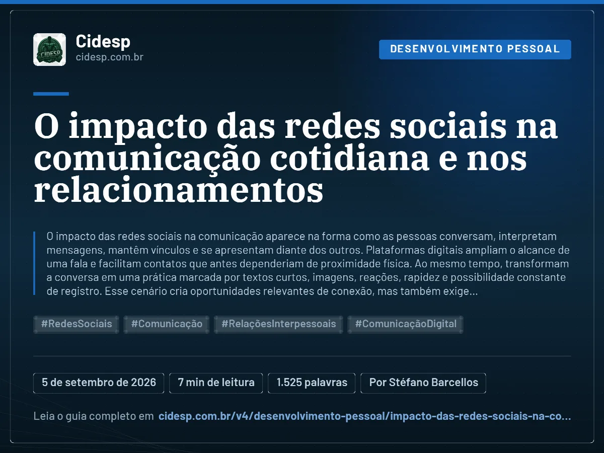 Cartão do artigo “O impacto das redes sociais na comunicação cotidiana e nos relacionamentos”, com resumo, data de publicação e endereço da página.