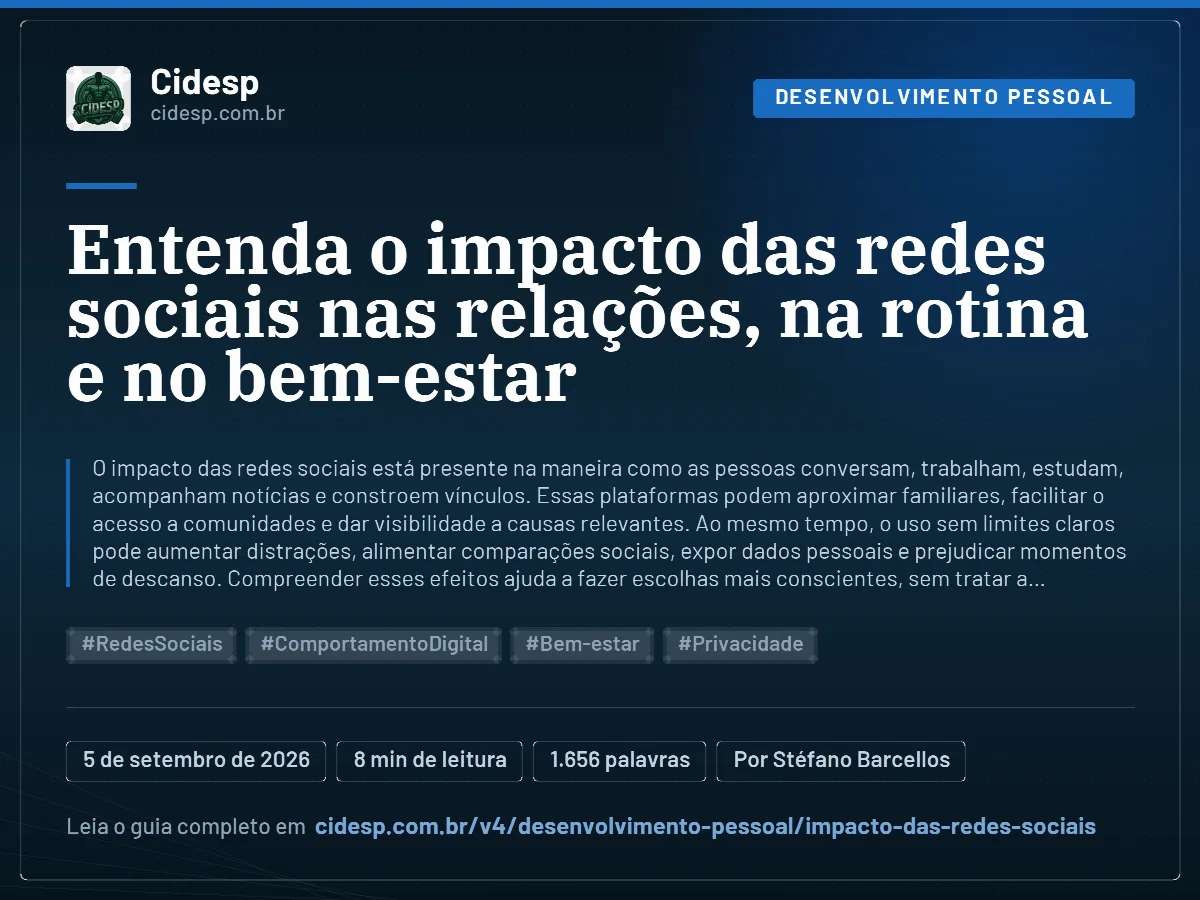 Cartão do artigo “Entenda o impacto das redes sociais nas relações, na rotina e no bem-estar”, com resumo, data de publicação e endereço da página.