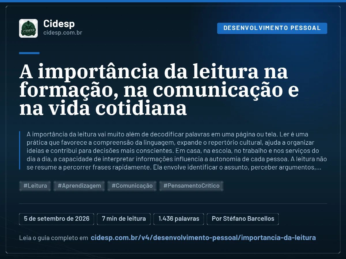 Cartão do artigo “A importância da leitura na formação, na comunicação e na vida cotidiana”, com resumo, data de publicação e endereço da página.