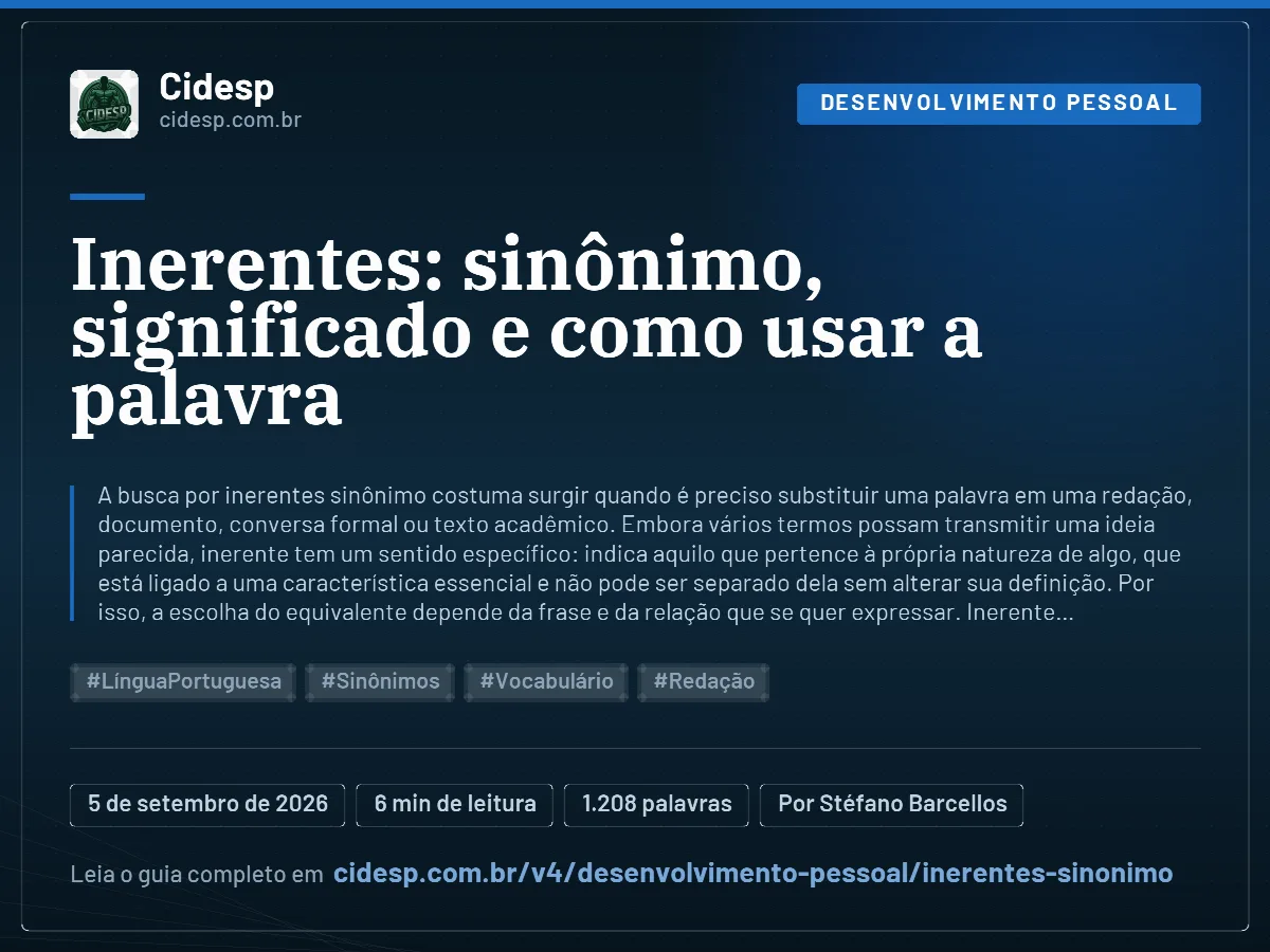Cartão do artigo “Inerentes: sinônimo, significado e como usar a palavra”, com resumo, data de publicação e endereço da página.