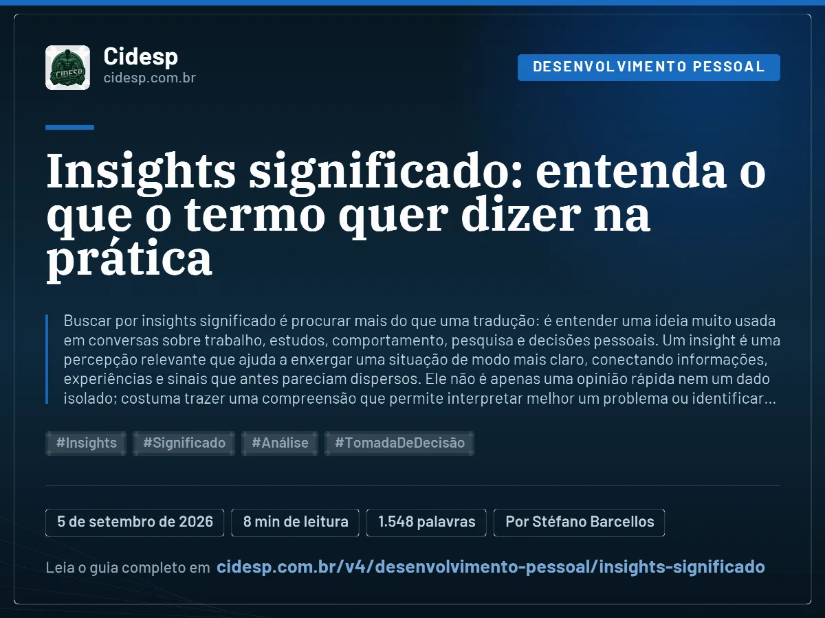 Cartão do artigo “Insights significado: entenda o que o termo quer dizer na prática”, com resumo, data de publicação e endereço da página.