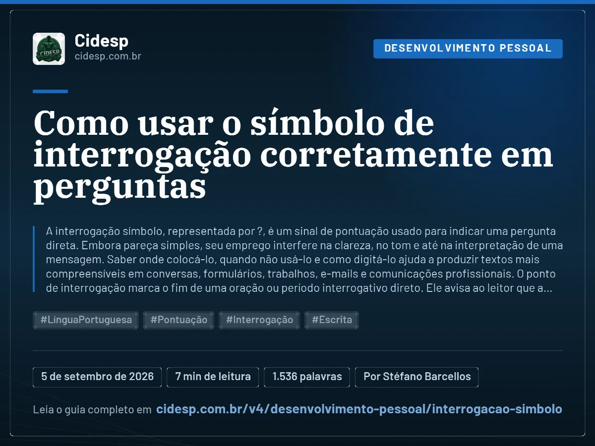 Cartão do artigo “Como usar o símbolo de interrogação corretamente em perguntas”, com resumo, data de publicação e endereço da página.